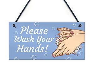 RED OCEAN Señal de salud y seguridad con texto en inglés "Please Wash Your Hands" para baño