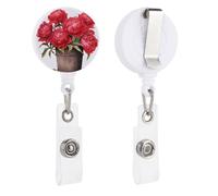 Red Peonies in A Wooden Bucket - Soporte retráctil para tarjetas de identificación, para médicos, enfermeras, estudiantes, trabajadores de oficina