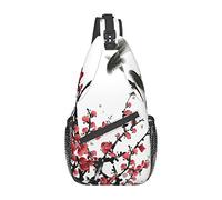 Red Plum Blossom Sling Bag Crossbody Mochila, Flower Blossom Bloom Trees Branch Koi Fish Estilo asiático Tradición Obra de arte Bolsa de pecho Mochila de hombro ajustable Viaje Senderismo Mochila info