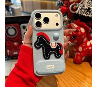 Red Pony Phone Case with a Mirror Stand for iPhone 17 Pro MAX, Full-Coverage Soft Rubber Shockproof Red Pony Embroidered Phone Case (Blue,16plus)