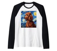 Red Poodle Dog Van Gogh Style Starry Night Camiseta Manga Raglan