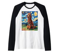 Red Poodle Dog Van Gogh Style Starry Night Camiseta Manga Raglan