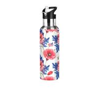 Red Poppies - Botella de agua aislada con hojas azules, 591 ml, botella de agua deportiva sin BPA con popote a prueba de fugas