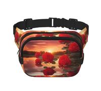 Red Roses at Sunset - Riñonera cuadrada de doble capa con correa ajustable para actividades al aire libre, color negro, talla única, Black, Talla única