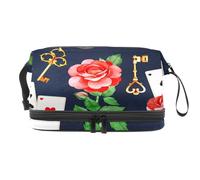 Red Roses Golden Keys - Bolsa de cosméticos de doble capa para mujeres y niñas, neceser de viaje, bolsa organizadora de maquillaje con compartimento para cepillos, multicolor, 27x15x14 cm/10.6x5.9x5.5