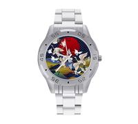 Red Sun - Reloj analógico de cuarzo para hombre, diseño de grulla voladora japonesa, correa de acero inoxidable, reloj de pulsera de negocios