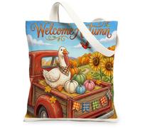 Red Truck - Bolsa de lona de ganso de otoño para compras, 13 x 15 pulgadas, diseño de cosecha de calabaza de otoño, reutilizable, para mujer, vacaciones, playa, pintura estética, decoración de regalo