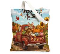 Red Truck Fall Bengala Cat - Bolsa de lona para ir de compras, 13 x 15 pulgadas, diseño de calabaza, cosecha de calabaza, reutilizable, para mujer, pintura estética de playa, decoración de regalo