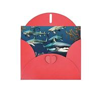 Red WHJSHOP Sharks under the sea - Tarjeta de felicitación con estampado de tiburones bajo el mar, papel nacarado de alta gama, doble cara, efecto perlado, hebilla de amor, sobre de papel perlado