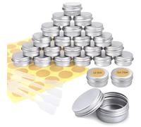 Redamancy 24 Piezas Tarros de Lata Cosméticos Redondos de 5 ml, latas de aluminio de muestra cosmética Tarros Pequeños Viajes con Etiquetas y Mini espátula, para Bálsamo Labial, Loción, Crema, Velas