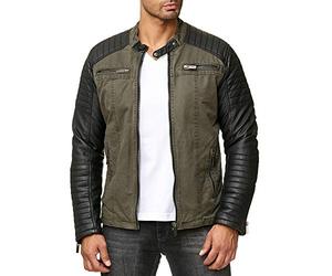 Redbridge Chaqueta de motorista en mezcla de materiales de algodón y piel sintética, con cuello alto, cremalleras y aspecto acolchado, caqui, 4XL