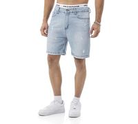 Redbridge Pantalones cortos vaqueros para hombre, bermudas vaqueras con aspecto desgastado, corte regular de 5 bolsillos, longitud hasta la rodilla con dobladillo flequillo, azul claro, 36