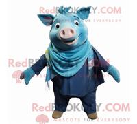 REDBROKOLY Mascot Disfraz de mascota de cerda turquesa vestido con una camisa vaquera y chales
