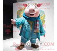 REDBROKOLY Mascot Disfraz de mascota de cerda turquesa vestido con una camisa vaquera y chales