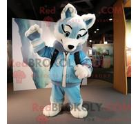 REDBROKOLY Mascot Disfraz de mascota Sky Blue Fox vestido con una chaqueta bomber y manoplas