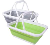 REDCAMP Cuenco plegable de 9 litros con asas, paquete de 2 cuencos plegables para camping, multiusos, para exteriores, fregadero plegable portátil para camping, senderismo, viajes, hogar, gris y verde