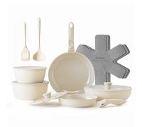 Redchef Juego de sartenes de cerámica antiadherente, 16 piezas, con asas extraíbles, sartén de 20/26 cm, sartén profunda de 26 cm, olla de 18/20 cm, apilable para todo tipo de cocinas, aptas para