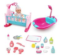 RedCrab Cuna Bañera Juguete para Muñecas, 2 en 1 Cama de Muñecas y Bañera con Ducha Funcional, 24 Piezas Set Accesorios Muñecas Bebe con Cama en Miniatura,Accesorios de Aseo y Alimentación y Muñeca