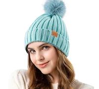 REDESS Womens Winter Knitted Beanie Hat Warm Fleece Lined with Pompom Cap Thick Slouchy Snow Knit Skull Cap,Menta,Talla única