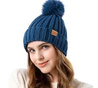 REDESS Womens Winter Knitted Beanie Hat Warm Fleece Lined with Pompom Cap Thick Slouchy Snow Knit Skull Cap,Azul Pavo Real,Talla única