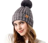 REDESS Womens Winter Knitted Beanie Hat Warm Fleece Lined with Pompom Cap Thick Slouchy Snow Knit Skull Cap,Gris Oscuro y Claro,Talla única
