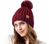 REDESS Womens Winter Knitted Beanie Hat Warm Fleece Lined with Pompom Cap Thick Slouchy Snow Knit Skull Cap,Rojo Vino,Talla única
