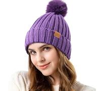 REDESS Womens Winter Knitted Beanie Hat Warm Fleece Lined with Pompom Cap Thick Slouchy Snow Knit Skull Cap,Morado,Talla única