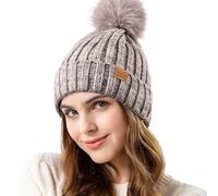 REDESS Womens Winter Knitted Beanie Hat Warm Fleece Lined with Pompom Cap Thick Slouchy Snow Knit Skull Cap,Gris Claro y Blanco,Talla única