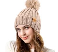 REDESS Womens Winter Knitted Beanie Hat Warm Fleece Lined with Pompom Cap Thick Slouchy Snow Knit Skull Cap,Avena,Talla única