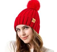 REDESS Womens Winter Knitted Beanie Hat Warm Fleece Lined with Pompom Cap Thick Slouchy Snow Knit Skull Cap,Rojo,Talla única