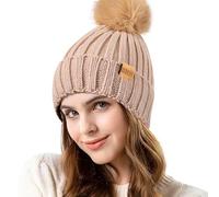 REDESS Womens Winter Knitted Beanie Hat Warm Fleece Lined with Pompom Cap Thick Slouchy Snow Knit Skull Cap,Beige,Talla única