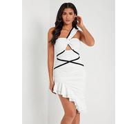 REDESYN One Shoulder Cut Out Ruched Ruffle Hem Dress (Color : White, Size : Small)