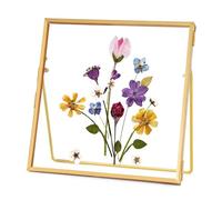 REDHUGO Marco de cristal doble para flores prensadas e imágenes flotantes, cuadrado metálico geométrico, dorado, 10,2 x 10,2 cm