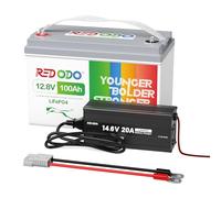 Redodo 12V 100Ah LiFePO4 Batería + 14,6V 20A Cargador 2560Wh BMS 100A Protección Protecciones Completas Carga Rápida en 5 Horas para Baterías 12V LiFePO4 Camping Off-Grid y Solar