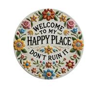 Redonda colorida folk floral divertido texto decoración pared placa bienvenida a mi feliz lugar placa de aluminio retro decoración de pared vintage para casa, bar, garaje y granja 20 x 20 cm