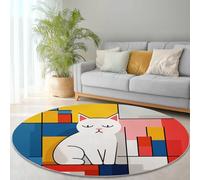 Redonda para Sala de Geometría Abstracta del Gato Blanco Estar, Lavable a máquina, Blanco, Rojo y Azul Antideslizante,de Pelo bajo y no desprende Pelo,para Sala de Estar, salón 120 cm (Round)