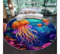 Redonda para Sala de Medusas de fantasía bajo el Agua Estar, Lavable a máquina, Azul Naranja Antideslizante,de Pelo bajo y no desprende Pelo,para Sala de Estar, Dormitorio, salón 90 cm (Round)
