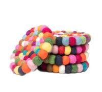 Redondo Posavasos de Bolas de Fieltro - Posavasos de Mesa 100% Lana Merina - Salvamanteles Absorbente para Bebidas - Grueso y Duradero Fieltro a Mano en Nepal por Woolygon - Multicolor - Juego de 5