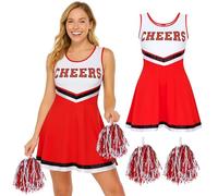 Redstar Fancy Dress Disfraz de Animadora con Pompones de Colores - look de Cheerleader para Mujer - Disfraz de Animadora de Adulto para Halloween, Fiestas de Disfraces y Carnaval