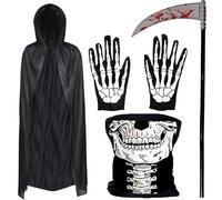 REDSTAR FANCY DRESS Disfraz de Muerte para Adulto - Traje de Esqueleto de 4 Piezas: Máscara y Guantes de Esqueleto, Capa Negra de Terciopelo y Guadaña - Disfraz de la Parca para Halloween para Hombre