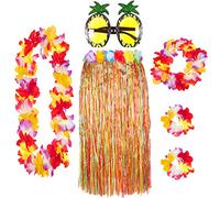 REDSTAR Set Hawaiano 6 Piezas - Falda de Paja, Guirnaldas Flores Lei y Gafas de Piña - Falda Hawaiana Fiesta de Paja o Multicolor - Disfraz Mujer Hawaiano para Fiesta de Playa o Tropical