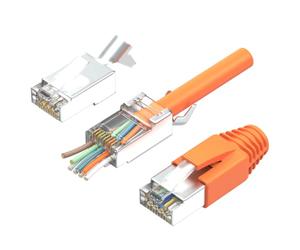 RedStar24 Conectores RJ45 Cat7 - Pack de 10 enchufes Ethernet Pass Through con protección contra dobleces y ojal de inserción - Compatibles con cables Cat7, Cat6A, Cat6 AWG23 - 8 pines - naranja