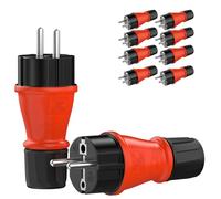 RedStar24 Enchufe Schuko 230V IP54 Juego de 10 Conectores de protección robustos de goma y plástico, Negro Rojo | Diseño herméticamente sellado | Perfecto para exteriores | Conector de corriente de 3