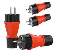 RedStar24 Enchufe Schuko 230V IP54 Set de 4 Conectores de protección robustos de goma y plástico, negro rojo | Diseño herméticamente sellado | Perfecto para exteriores | Conector eléctrico de 3 polos