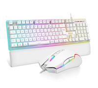RedThunder K10 Juego 3 en 1 de Teclado, Ratón y Reposamuñecas de Cuero, Retroiluminación RGB+Tacto Mecánico, Teclas Anti-Ghosting + Ratón 7D 7200DPI, Layout FR, Compatible con PC/PS5/Xbox Blanco