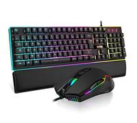 RedThunder K10 - Juego de Teclado y ratón para Gamer USB, AZERTY francés + reposamuñecas, Teclado antifantasma retroiluminado RGB y 7200 dpi con ratón ergonómico para Jugadores, Color Negro