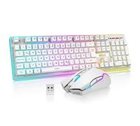 RedThunder K10 Teclado Gaming Sensación Mecánico Inalámbrico,Retroiluminación RGB,Batería Recargable de 3800 mAh, Anti-ghosting+Ratón 7D 3200DPI,Disposición DE,para PC/PS5/Xbox-Blanco