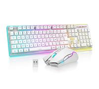 RedThunder K10 Teclado Gaming Sensación Mecánico Inalámbrico,Retroiluminación RGB,Batería Recargable de 3800 mAh, Anti-ghosting+Ratón 7D 3200DPI,AZERTY FR,para PC/PS5/Xbox-Blanco