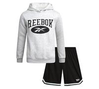 Reebok Active Boys - Conjunto de 2 piezas de sudadera con capucha y pantalones cortos para niños, gris claro jaspeado/negro (Light Grey Heather/black), 8