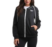 Reebok Chaqueta cortavientos para mujer, resistente a la intemperie, con forro polar, con cremallera y capucha, Negro azabache, Medium